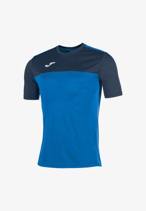 T-shirt de sport à manches courtes avec partie supérieure et manches bleu marine, partie inférieure bleue et un logo blanc sur la poitrine droite.