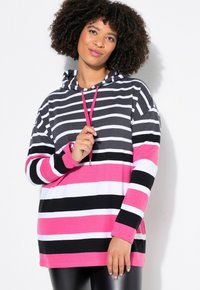 Felpa con cappuccio a righe, dotata di coulisse, con righe alternate rosa, nere, bianche e grigie; realizzata in tessuto morbido; vestibilità comoda.
