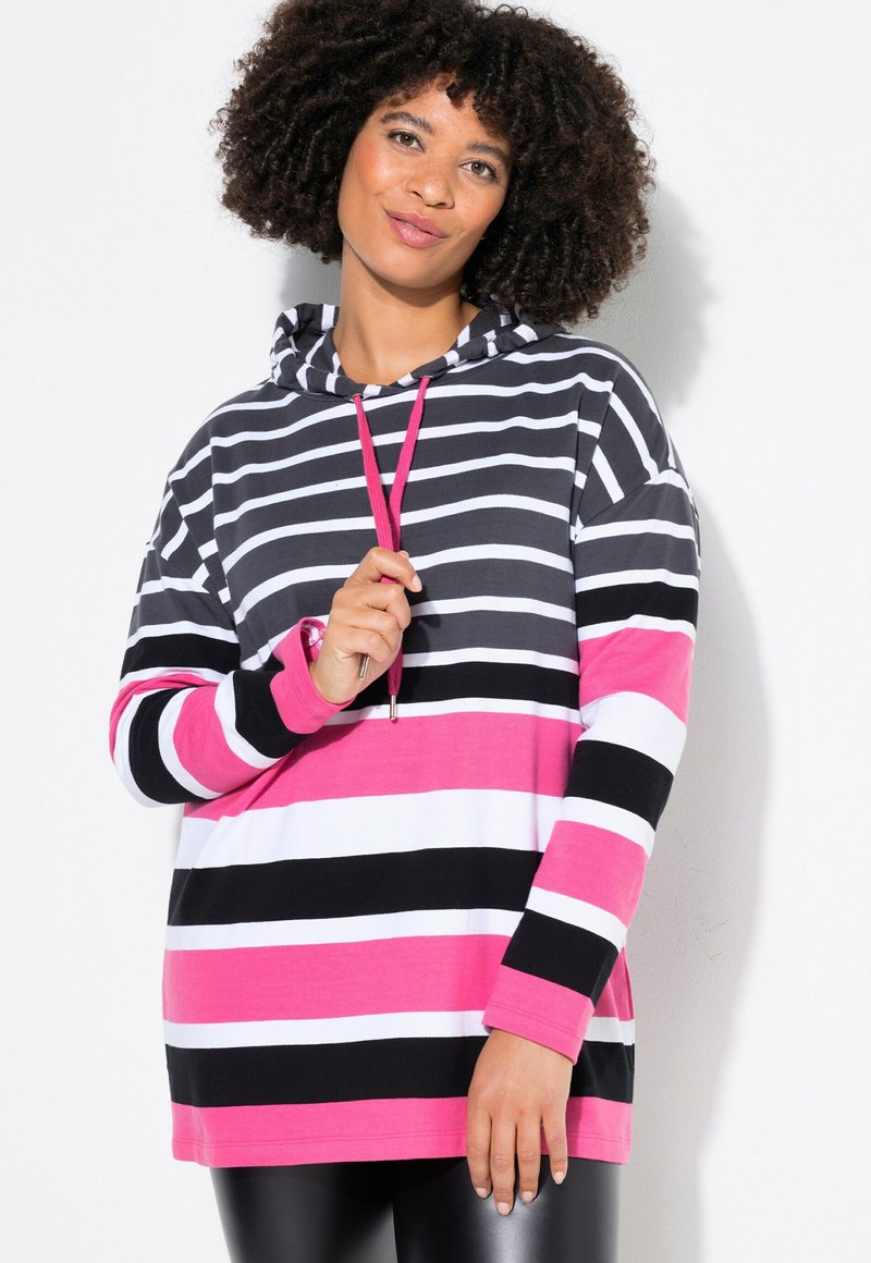Felpa con cappuccio a righe, dotata di coulisse, con righe alternate rosa, nere, bianche e grigie; realizzata in tessuto morbido; vestibilità comoda.