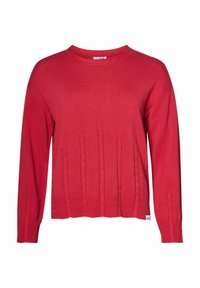 Roter Strickpullover mit langen Ärmeln, geripptem Ausschnitt und Zopfmusterdetails an der Vorderseite. Weicher Stoff mit lockerer Passform.