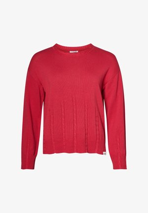 Red knit sweater with long sleeves, ribbed neckline, and cable-knit detailing along the front. Soft texture with a relaxed fit.
