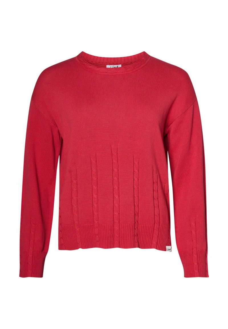 Roter Strickpullover mit langen Ärmeln, geripptem Ausschnitt und Zopfmusterdetails an der Vorderseite. Weicher Stoff mit lockerer Passform.