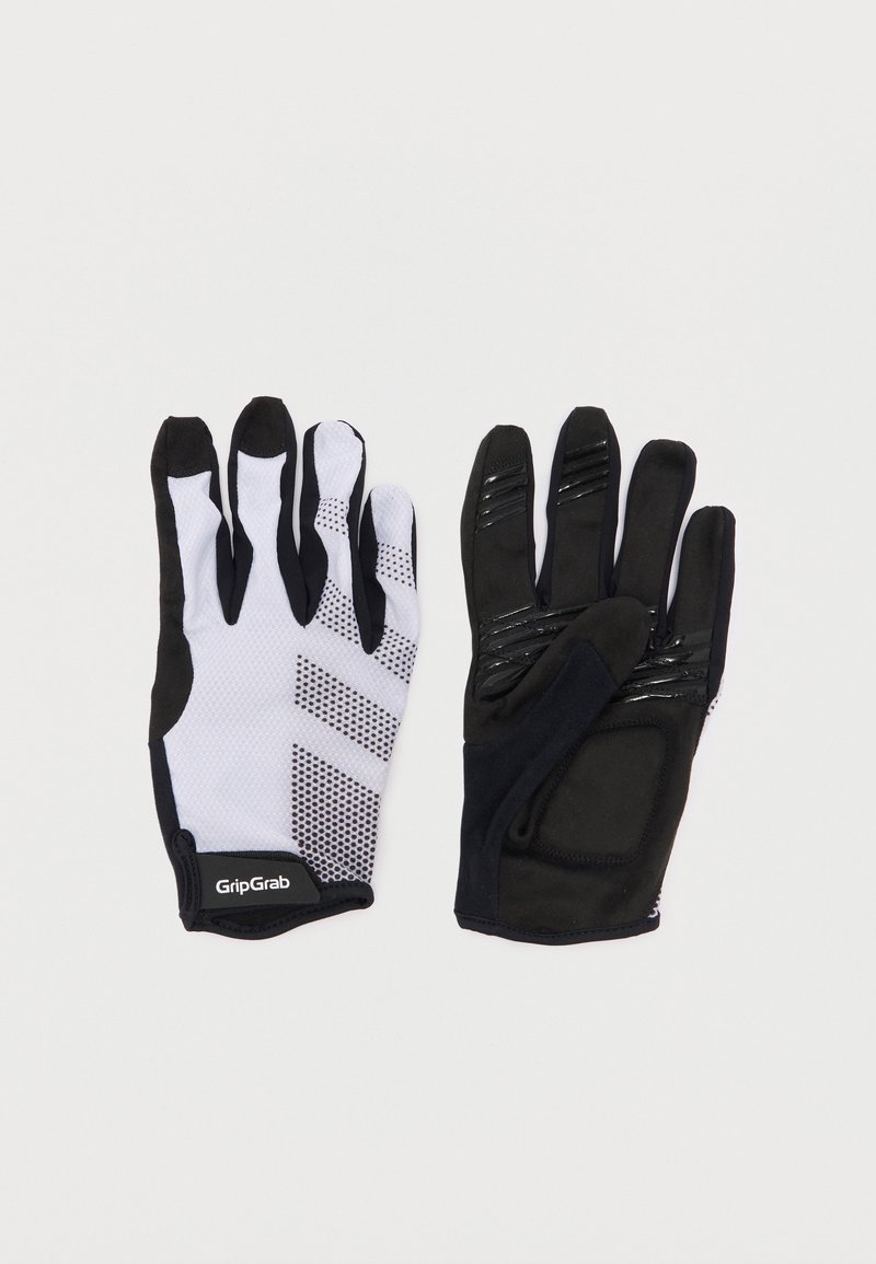 Ζευγάρι ασπρόμαυρα γάντια ποδηλασίας GripGrab με υφή λαβής και μαξιλαράκια στις παλάμες, τοποθετημένα επίπεδα με εμφανείς την εμπρόσθια και οπίσθια όψη.