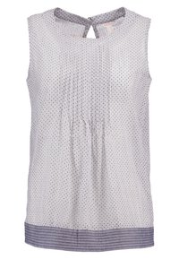 Blouse blanche sans manches avec fines rayures noires verticales, col rond avec fente au dos, et un ourlet plus large rayé bleu marine.