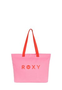 Roze canvas tote bag met rode banden, met het woord "ROXY" in oranje. Eenvoudige rechthoekige vorm, geen patronen of extra details.