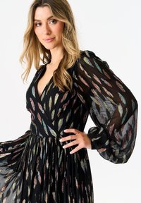 Black dress with long, sheer sleeves; features multicolored feather patterns throughout. V-neckline and flowing skirt design.