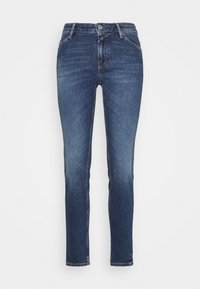Slim-fit jeans crafted from dark blue denim. Features a classic five-pocket design, button closure, and slight fading at the knees.