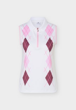 Ärmelloses weißes Poloshirt mit pinkem und burgunderfarbenem Argyle-Rautenmuster und Frontreißverschluss auf hellgrauem Hintergrund.