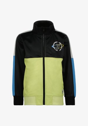 Kolorowa kurtka na zamek z czarnymi, jasnooliwkowymi i niebieskimi panelami, z miękkim kołnierzem, elastycznymi mankietami oraz graficznym logo na piersi.