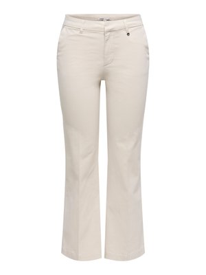 Bež hlače za ženske z ravnimi nogavicami, s pasnimi zankami, sprednjim gumbom in zadrgo ter stranskimi žepi.