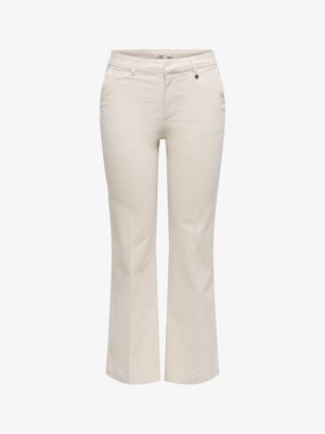 Bež hlače za ženske z ravnimi nogavicami, s pasnimi zankami, sprednjim gumbom in zadrgo ter stranskimi žepi.