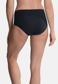 Black high-waisted bikini bottom with a smooth fabric texture, minimalistic design, and full coverage at the back. No visible patterns or accents.