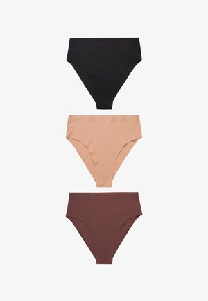 Kolmet saumatonta korkeavyötäröistä bikinialushousua mustana, beigenä ja ruskeana, aseteltuna pystysuoraan valkoiselle taustalle.