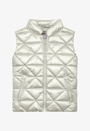 Metāla sudrabā krāsā šūti bez piedurknēm bezdarbnieks ar augstu apkakli, priekšējo rāvējslēdzēju un divām sānu kabatām. Gluda, spīdīga tekstūra ar dimanta rakstu.