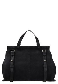 Czarna torebka z zamszu o zaokrąglonym kształcie, z dwoma krótkimi uchwytami i dwoma bocznymi paskami. Posiada złote akcenty z metaloplastyki oraz gładką teksturę.