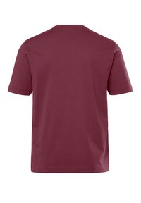 Camiseta de manga corta burdeos de algodón, con un cuello redondo y un diseño liso sin patrones ni acentos.