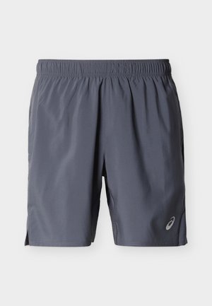 Dunkelgraue Sportshorts mit elastischem Bund und Logo am unteren linken Bein, entworfen für Sport oder Freizeitkleidung.