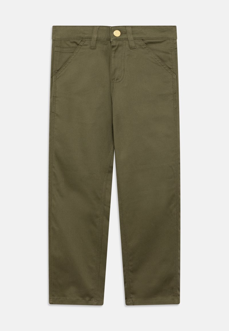 Olive green pants made of sturdy fabric, featuring a straight leg design, front pockets, and a gold button closure at the waist.