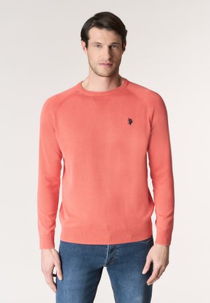 Uomo che indossa un maglione girocollo color corallo con piccolo logo ricamato sul petto e jeans blu, in piedi davanti a uno sfondo chiaro uniforme.