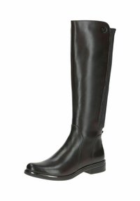 Botte noire en cuir, haute jusqu'au genou, avec une finition lisse, un panneau élastique sur le côté, un bout arrondi et un faible talon empilé. Design minimaliste, sans matériel visible.