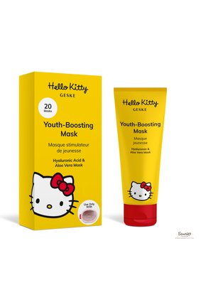 Gelbe Hello Kitty Geske Youth-Boosting Mask Verpackung und Tube mit Hyaluronsäure und Aloe Vera, 20 Masken auf der Verpackung angegeben.