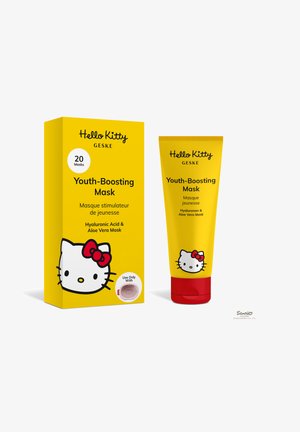 Boîte et tube jaunes de Hello Kitty Geske Youth-Boosting Mask, contenant de l'acide hyaluronique et de l'aloe vera, avec 20 masques indiqués sur l'emballage.