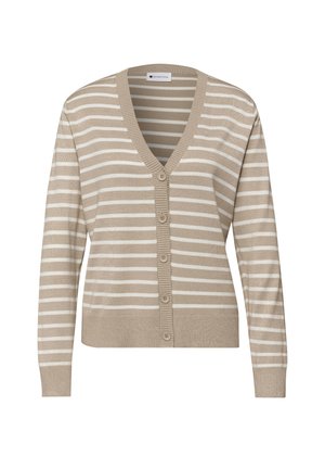 Beiger und weißer V-Ausschnitt-Cardigan mit horizontalen Streifen, langen Ärmeln und fünf beigen Knöpfen vorne.