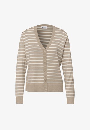 Beige en wit horizontaal gestreepte V-hals cardigan met lange mouwen en vijf beige knopen aan de voorkant.