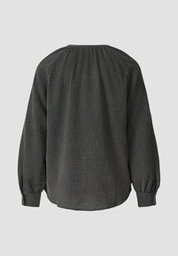 Dark green shirt with a textured fabric, featuring long puffed sleeves, a rounded neckline, and gathered detailing at the back.