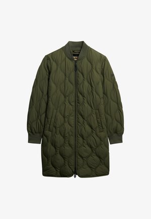 Quilted grüner langer Mantel mit einem Reißverschluss, gerippten Bündchen und seitlichen Taschen, der ein strukturiertes Muster aus runden Formen aufweist.