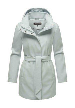 Light blue, mid-length coat with a hood, zipper closure, and tie belt. Features long sleeves and side pockets. Soft, textured fabric.