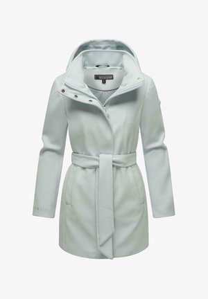 Light blue, mid-length coat with a hood, zipper closure, and tie belt. Features long sleeves and side pockets. Soft, textured fabric.