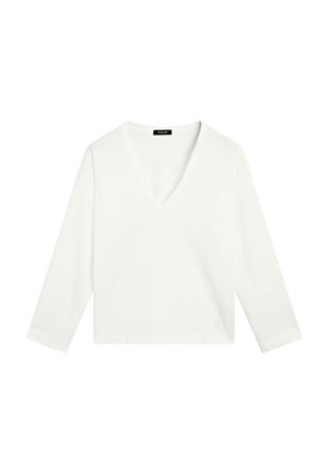 Weißes, langärmliges V-Ausschnitt-Shirt. Glatter Stoff mit lässiger Passform und geradem Saum. Minimalistisches Design und nahtlose Verarbeitung.
