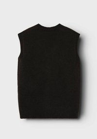 Schwarzer ärmelloser Pullover aus weichem Strickmaterial, mit rundem Halsausschnitt und gerippten Kanten, glatte Textur ohne Muster oder Hardware.