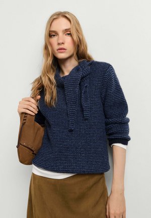 Jeune femme aux longs cheveux clairs portant un pull en maille bleu et une jupe marron, tenant un petit sac à main marron.