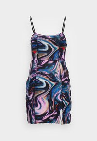 Vestido sem mangas com uma base preta e padrões abstratos multicoloridos em roxo, azul, rosa e vermelho; apresenta franzidos nas laterais.