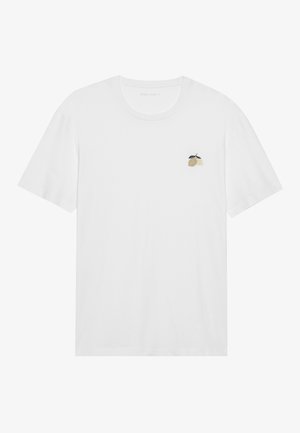 Maglietta in cotone bianco con scollatura rotonda e maniche corte. Presenta un piccolo ricamo di limone sul lato sinistro del petto. Design semplice.