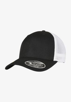 Black cap with a curved brim, featuring a solid front and white mesh back. Includes a circular logo label on the front. Made from durable fabric.