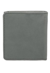 Sivi kožni novčanik s glatkom teksturom, preklopni dizajn i vidljivim šavovima. Ima kompaktan oblik i bez vanjskih dijelova.