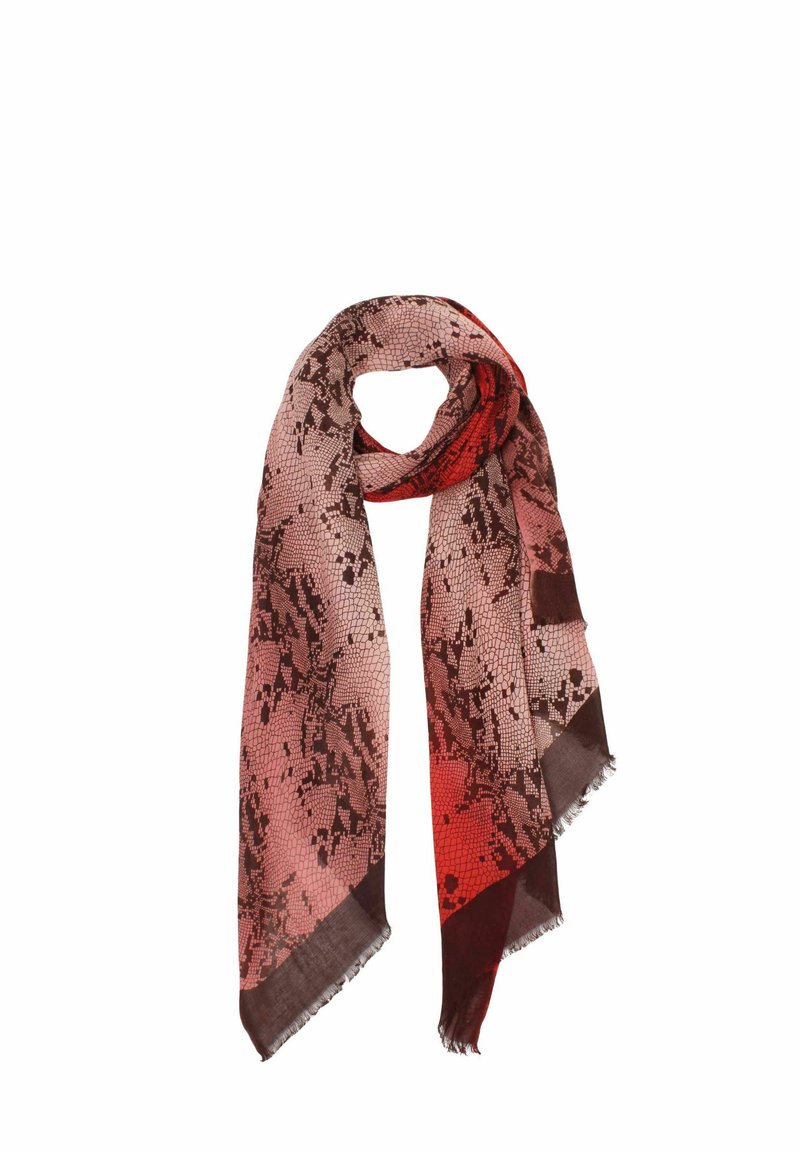 Lightweight scarf featuring a gradient pattern transitioning from pink to red, with a dark abstract design, finished edges, and a soft texture.