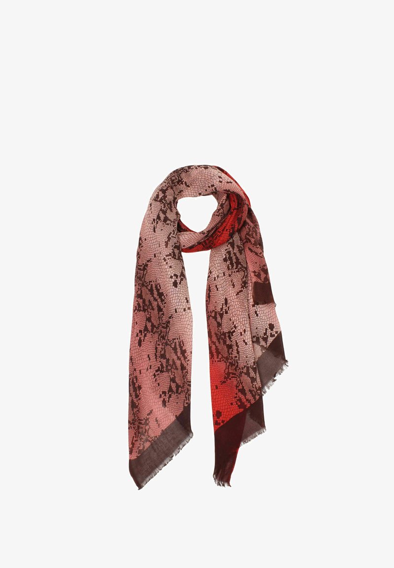 Lightweight scarf featuring a gradient pattern transitioning from pink to red, with a dark abstract design, finished edges, and a soft texture.