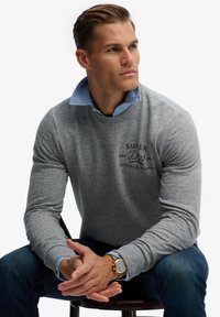 Grijze sweatshirt met geribbelde manchetten, met een logo op de borst. Gekleed over een lichtblauw overhemd met kraag. Handen rustend op de knieën.