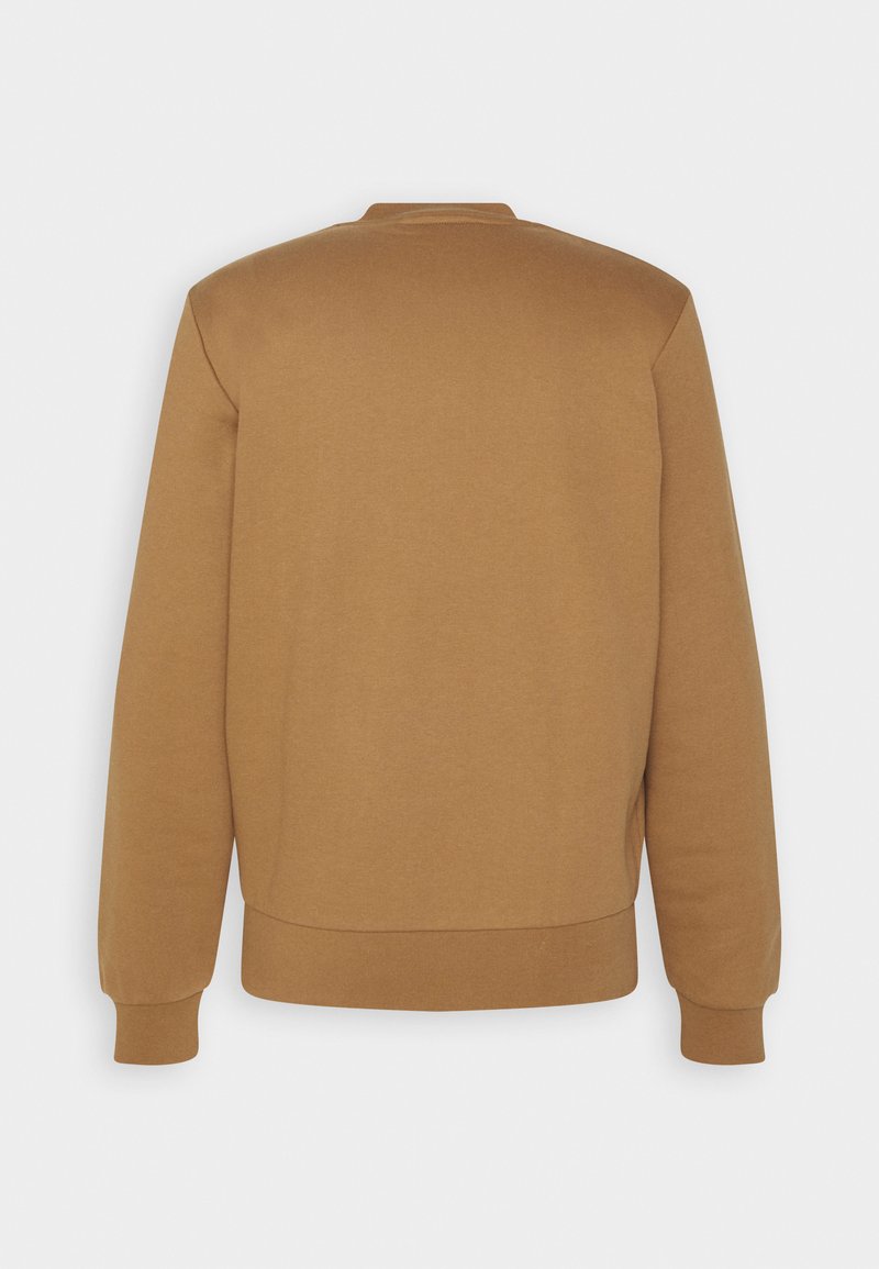 Brauner Pullover mit einem schlichten Design, gerippten Bündchen und Saum. Hergestellt aus einem weichen Stoff, mit Rundhalsausschnitt und ohne sichtbares Branding.