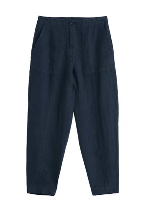 Donker marineblauwe broek met een hoge taille, voorzakken, knoopsluiting en taps toelopende pijpen, gemaakt van een gestructureerde stof.