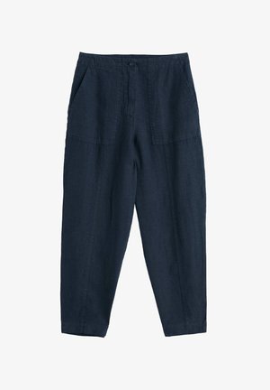 Donker marineblauwe broek met een hoge taille, voorzakken, knoopsluiting en taps toelopende pijpen, gemaakt van een gestructureerde stof.