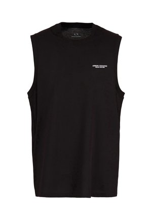 Fekete ujjatlan póló sima textúrájú anyagból. Kerek nyakú, elöl egy kis fehér "Armani Exchange" logóval.