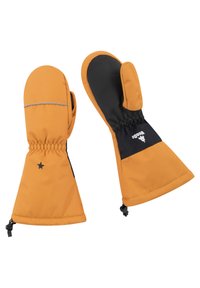 Moufles orange avec un intérieur en grip noir, poignet resserré et détail en étoile. Fabriquées en matériau imperméable, elles disposent d'un large poignet et d'une fermeture ajustable.