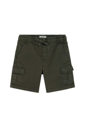 Pantalones cortos cargo verde oscuro con cintura elástica, cordón, bolsillos laterales y bolsillos con solapa en ambas piernas.