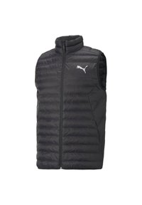 Gilet rembourré noir avec un col montant, fermeture éclair, et logo Puma sur la poitrine gauche. Texture lisse avec un design matelassé et sans manches.