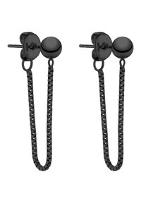 Boucles d'oreilles en chaîne noire avec un clou rond en haut et un design de chaîne fine à maillons, le tout en métal avec une finition polie.